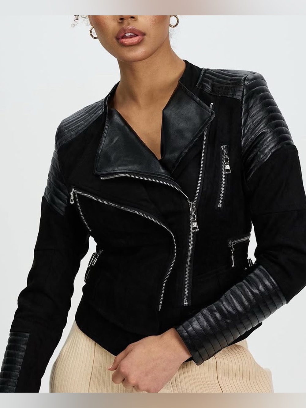 Black Moto Jacket with Quilted Leather Trim - Women's Coat